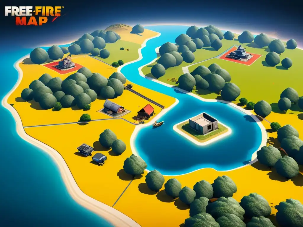 Vista aérea detallada del mapa de Free Fire, resaltando zonas de aterrizaje con colores vibrantes y contrastantes