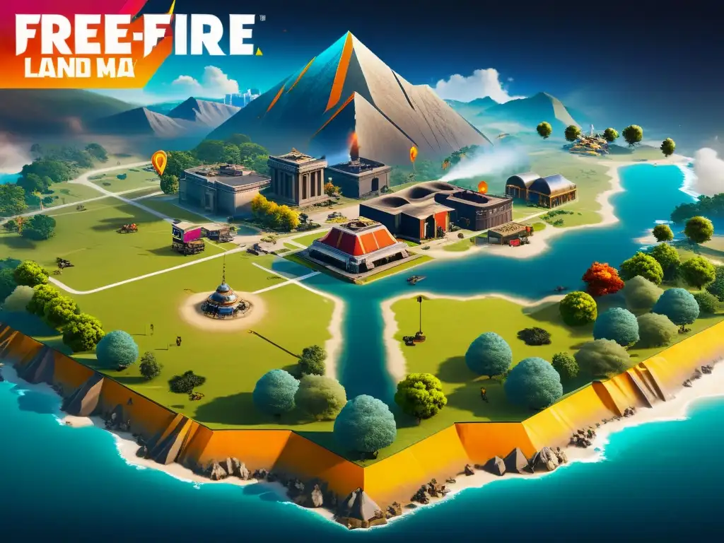 Vista aérea detallada del mapa de Free Fire con zonas de aterrizaje vibrantes y puntos de interés estratégicos