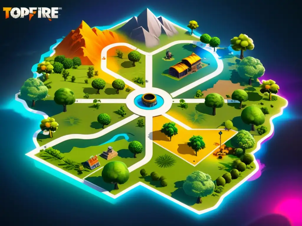 Vista aérea detallada de un mapa de Free Fire resaltando zonas estratégicas