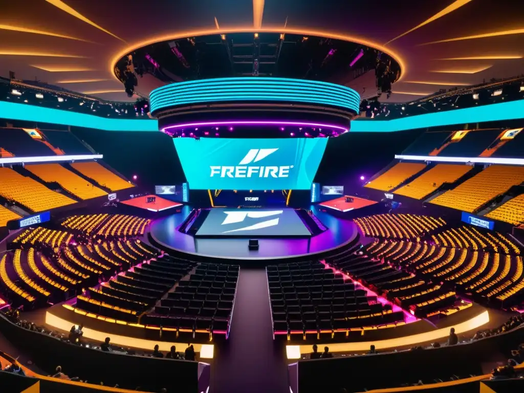 Vista aérea detallada de torneo FreeFire Esports, con diseño futurista y ambiente vibrante