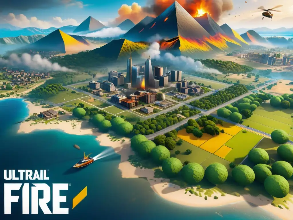 Vista aérea detallada de las zonas de aterrizaje en Free Fire, con colores vibrantes y detalles impresionantes del mapa del juego