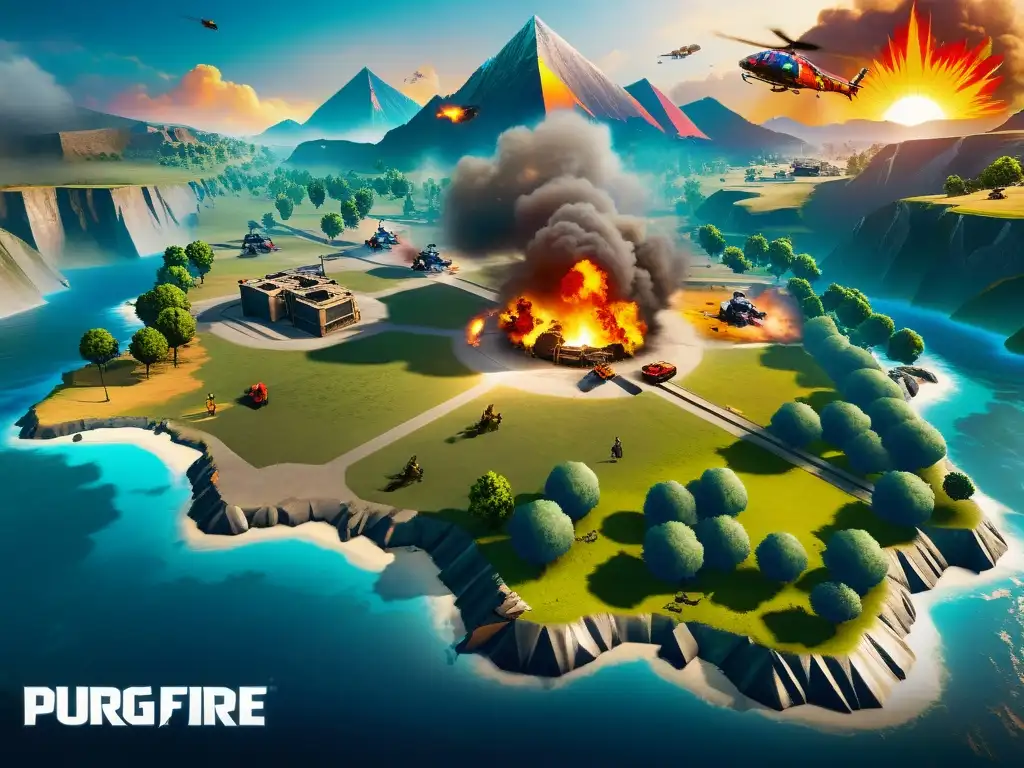 Vista aérea intensa del mapa Purgatorio en Free Fire, con estrategias secretas y jugadores preparados para el combate