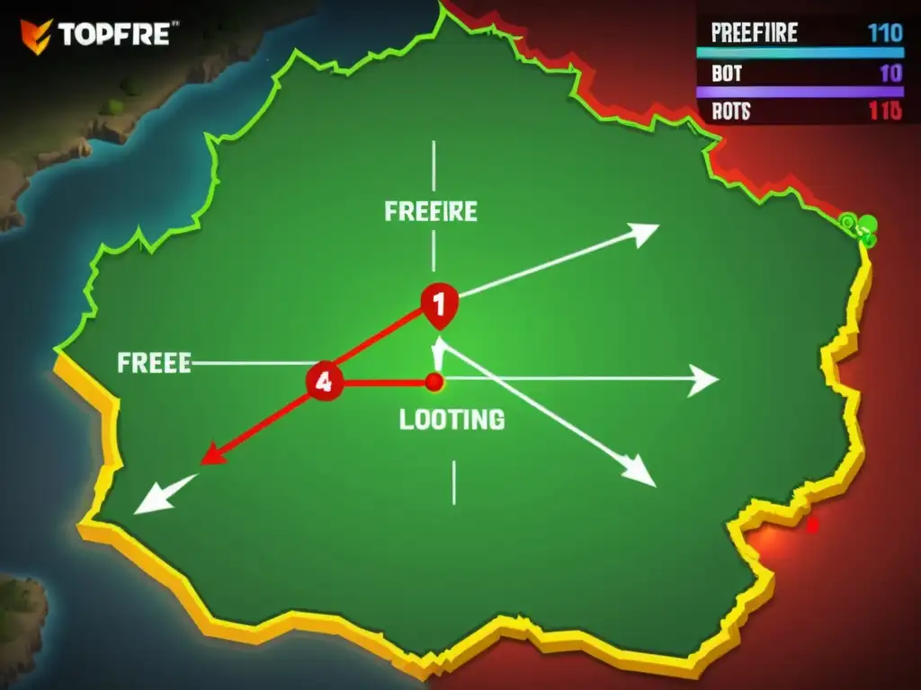 Vista aérea del mapa de FreeFire con rutas de saqueo efectivas y codificadas por colores