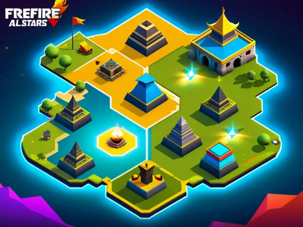 Vista aérea del mapa del torneo FreeFire All Stars, con colores vibrantes y detalles intrincados