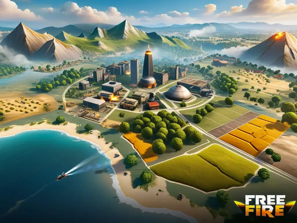 Vista aérea del mapa de Free Fire, destacando zonas de aterrizaje, paisajes y puntos estratégicos