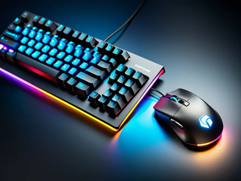 Vista de conjunto de teclado y ratón gaming con iluminación RGB, en un elegante y minimalista escritorio