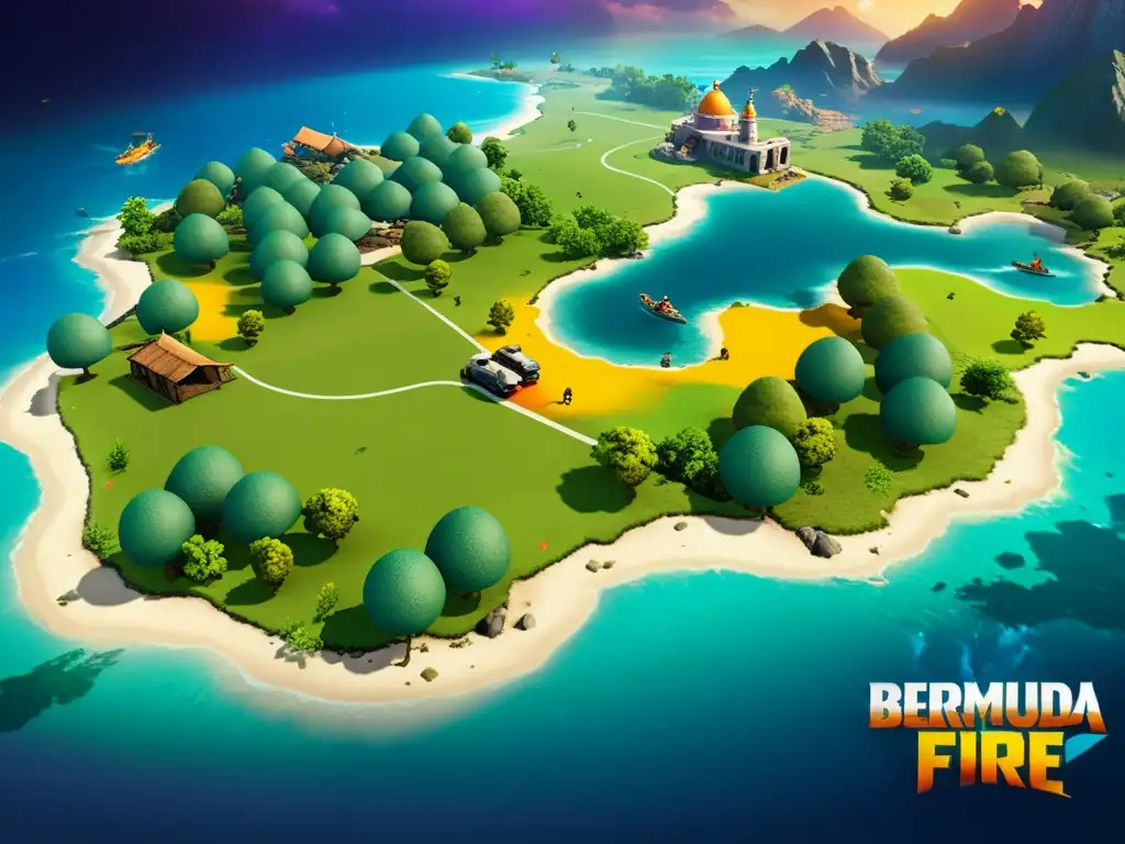 Vista detallada de la estratégica 'Bermuda' en Free Fire, resaltando zonas clave y la intensidad del juego