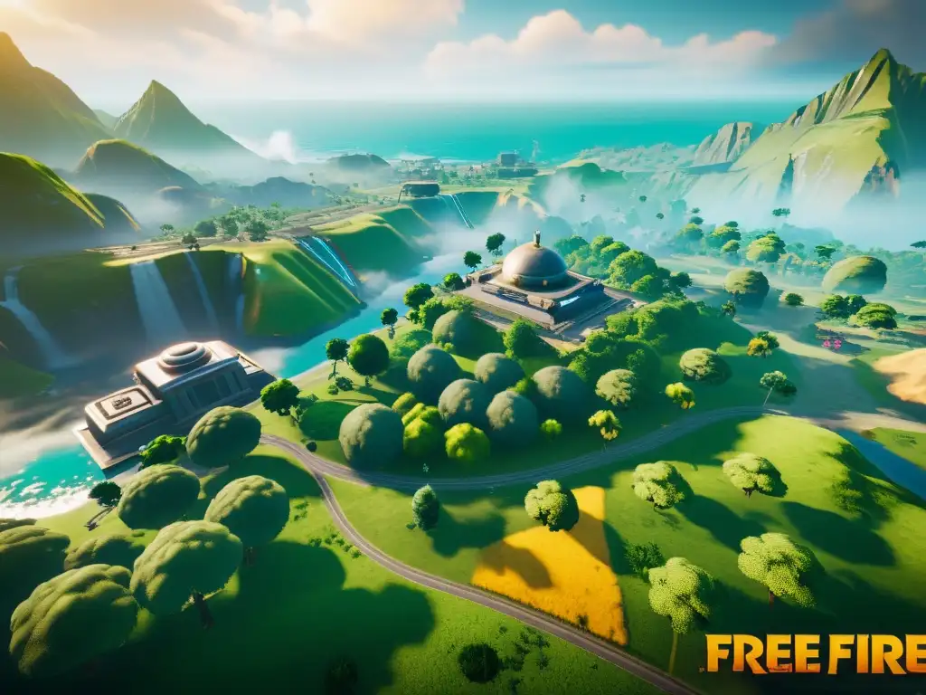 Vista 8k detallada del mapa de Free Fire en la actualización, con terreno modificado y nuevos elementos estratégicos