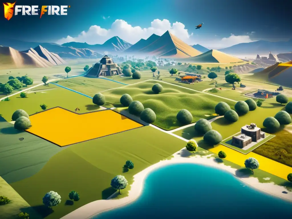 Vista detallada del mapa de juego de Free Fire en 8k, destacando estrategias de adaptación al terreno y variedad de escenarios