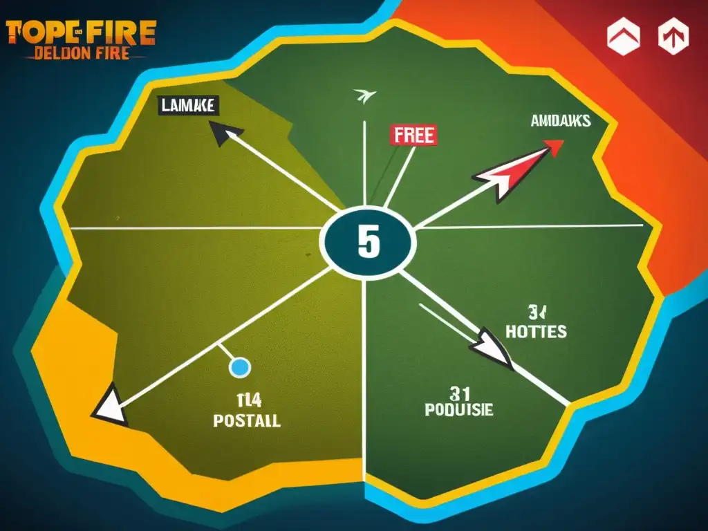 Vista detallada del mapa de Free Fire, con marcadores tácticos y rutas de movimiento