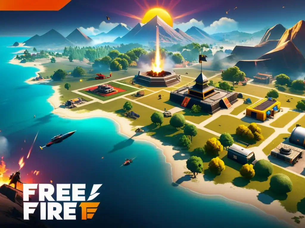 Vista detallada del mapa Purgatory en Free Fire, mostrando los mejores lugares para encontrar recursos