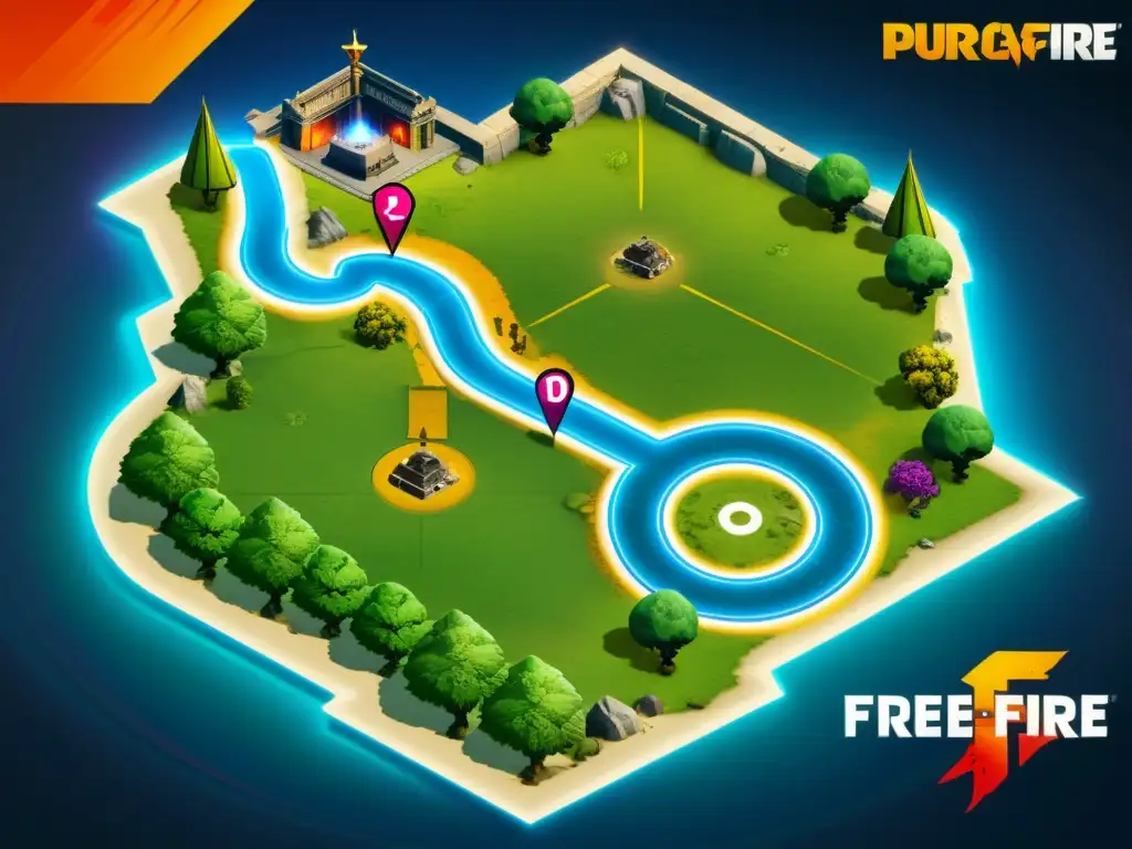 Vista detallada del mapa Purgatorio en Free Fire, con ubicaciones clave y estrategias para la victoria