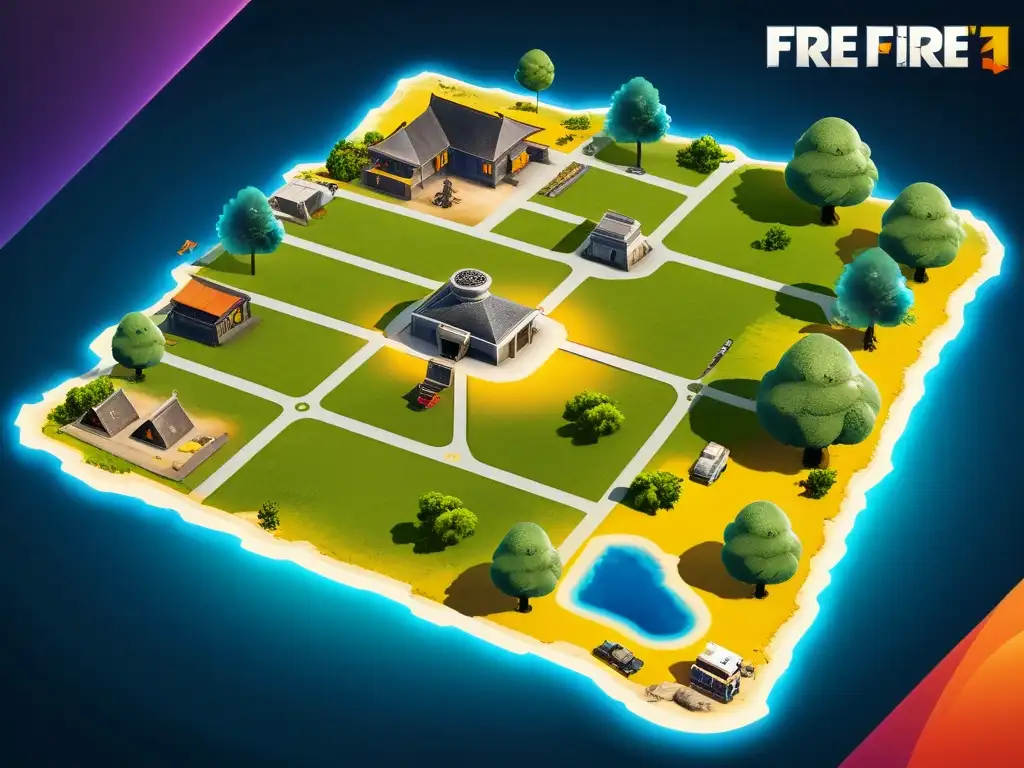 Vista detallada del mapa de Free Fire, resaltando zonas de aterrizaje con colores vibrantes, mostrando terreno, edificios y botín en alta resolución