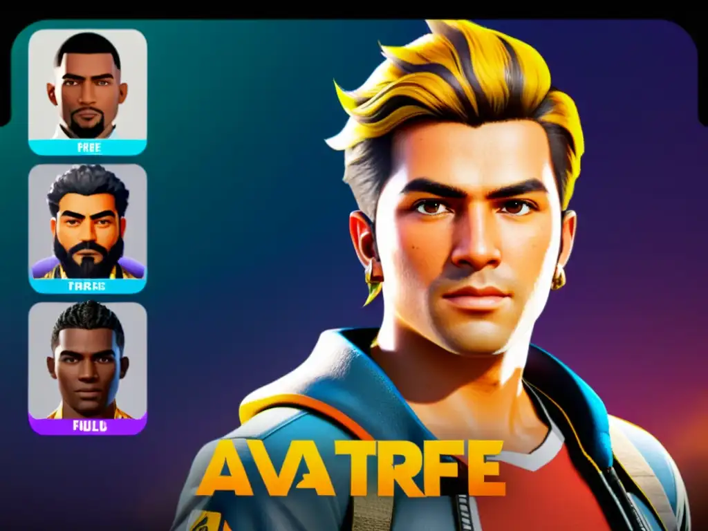 Vista detallada de la pantalla de personalización de avatar en Free Fire, resaltando sus opciones y colores vibrantes