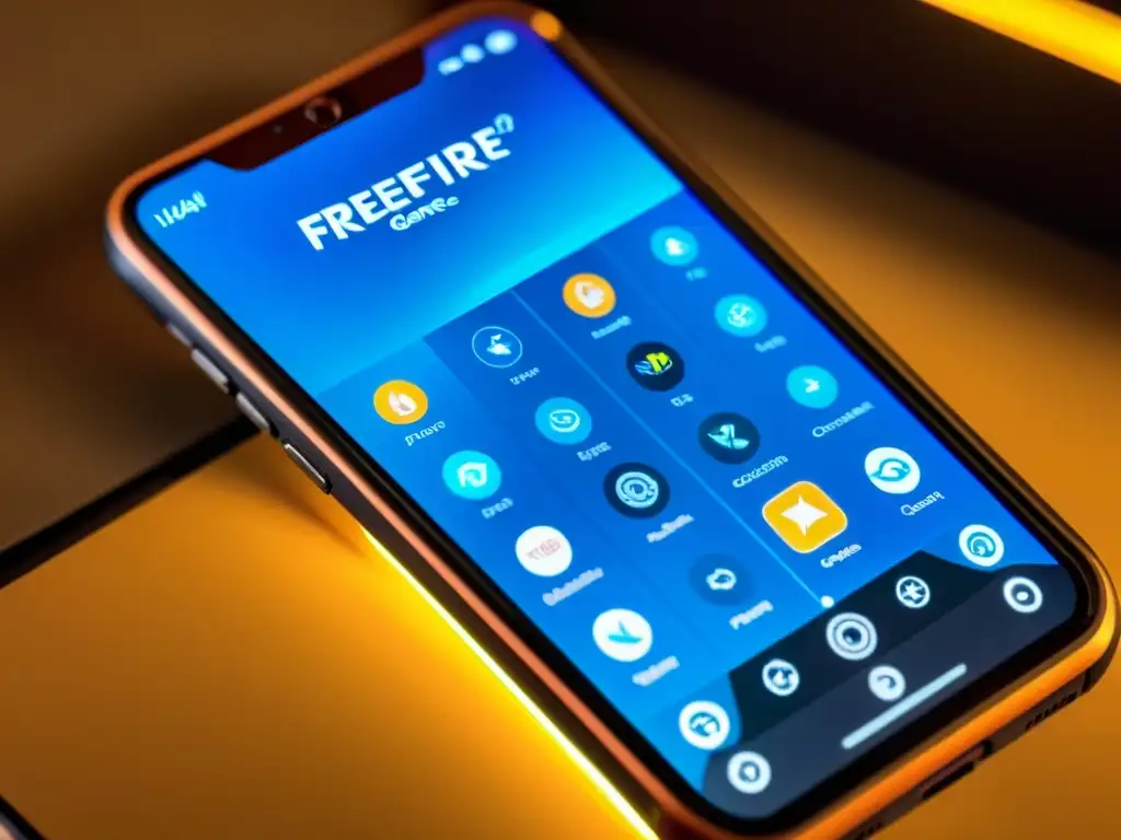 Vista detallada de la pantalla del smartphone con la configuración de controles en FreeFire, rodeada de un ambiente profesional y moderno de gaming