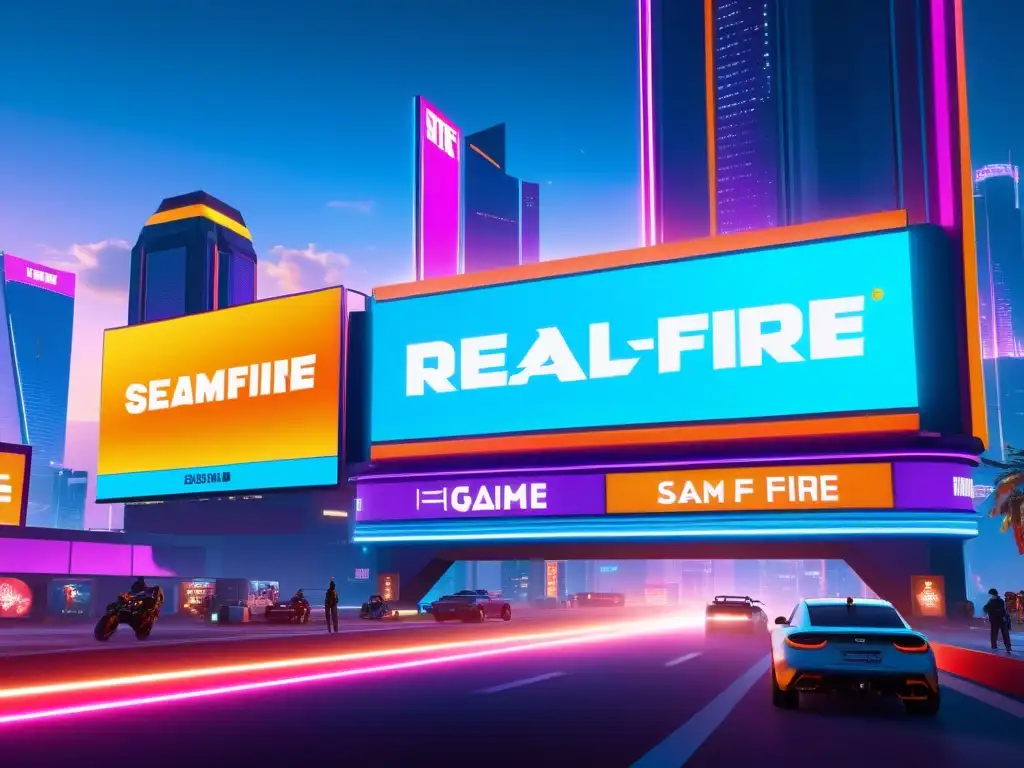 Vista futurista de la ciudad con rascacielos y luces de neón, mostrando publicidad ingame en Free Fire