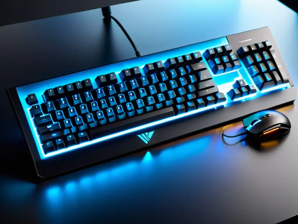 Vista impresionante del teclado gaming retroiluminado en una configuración minimalista