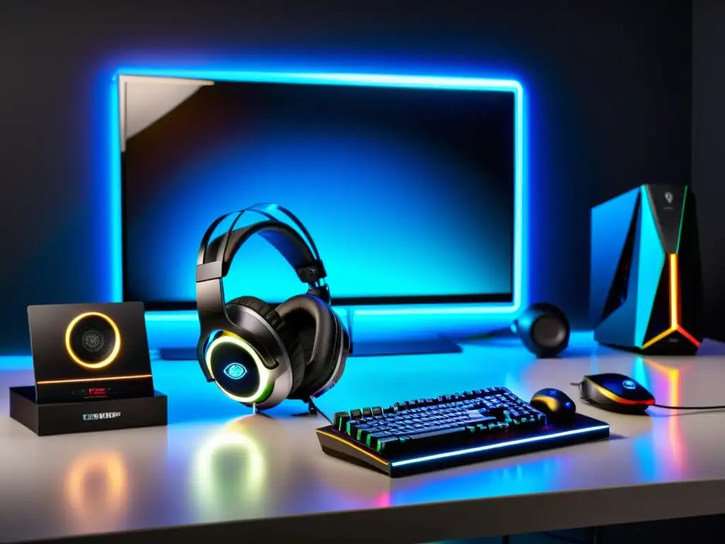 Vista de un moderno setup de gaming con una tarjeta de sonido iluminada con RGB