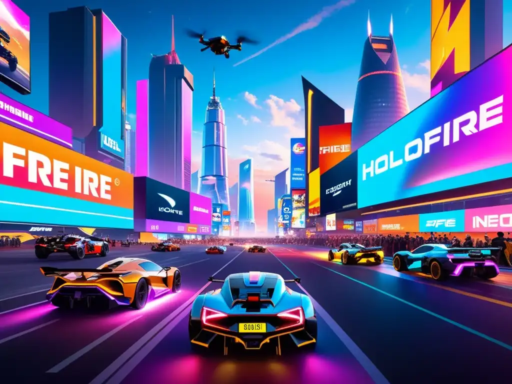 Vista nocturna de una ciudad futurista con publicidad ingame en Free Fire, donde gamers compiten entre hologramas y luces neón