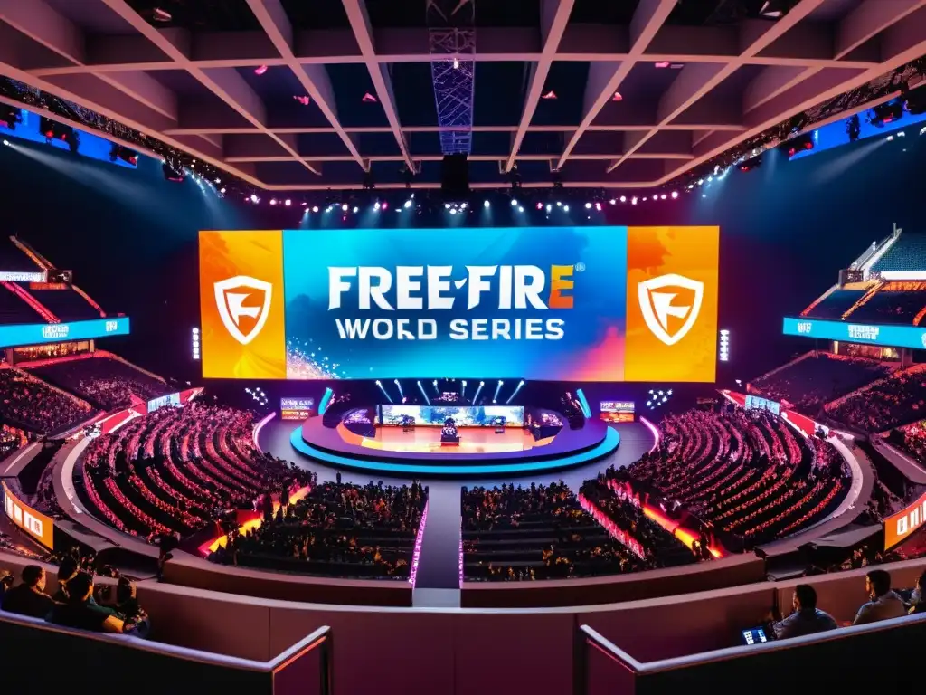 Vista panorámica de la arena de la Free Fire World Series con miles de fans emocionados, jugadores profesionales y una atmósfera vibrante